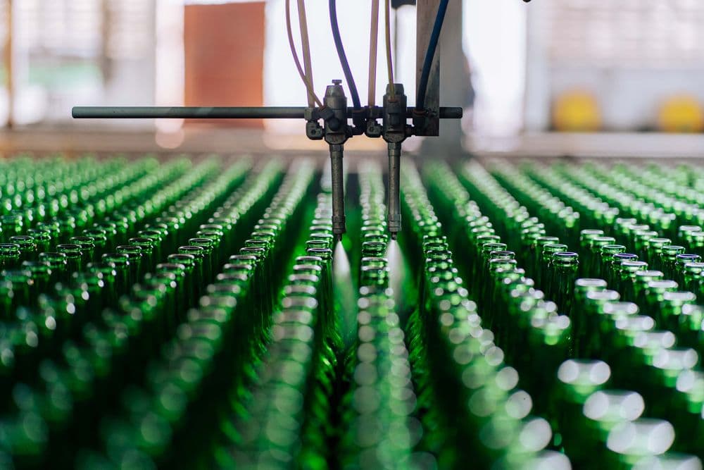 Bottles moving along a beverage filling line.