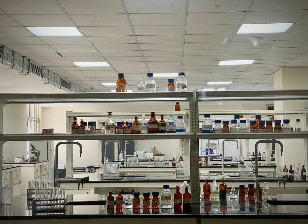 A pharmaceutical laboratory with lab benches.
