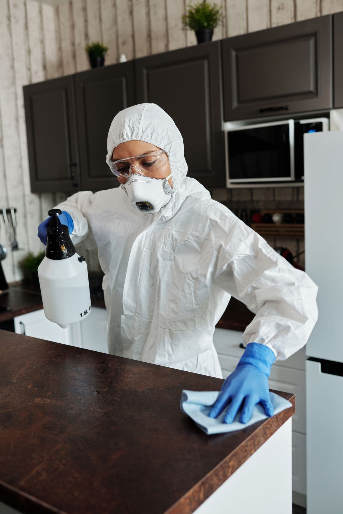 Technician in full PPE applying disinfectant with a sprayer.